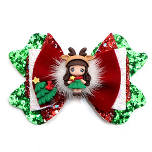 Pre Cut Christmas Girl with Reindeer Hat Faux Leather Bow