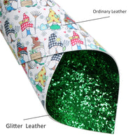 Gnomes Gardening on Green Chunky Glitter Double Sided Faux Leather Sheet