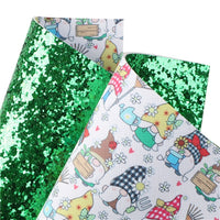 Gnomes Gardening on Green Chunky Glitter Double Sided Faux Leather Sheet
