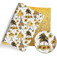 Gnomes & Sunflowers on Yellow Fine Glitter Double Sided Faux Leather Sheet
