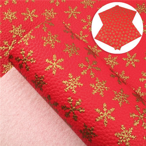 Christmas Snowflakes Gold on Red Litchi Faux Leather Sheet