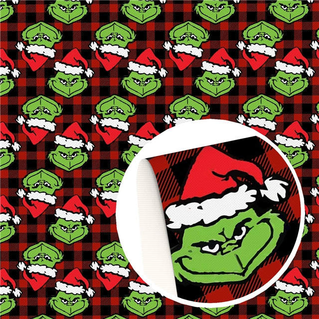 Christmas Grinch on Black Chekers Faux Leather Sheet
