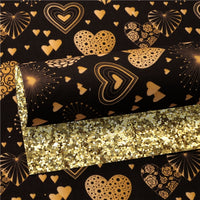 Hearts on Black with Gold Chunky Glitter Double Sided Faux Leather Sheet