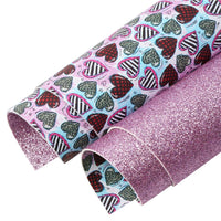 Hearts with Patterns & Pink Glitter Double Sided Faux Leather Sheet