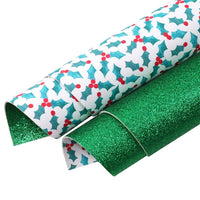 Christmas Holly on White with Green Fine Glitter Double Sided Faux Leather Sheet
