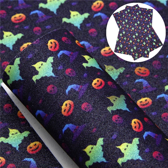 Halloween Neon Characters Glitter Faux Leather Sheet
