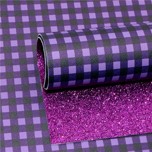 Purple & Black Gingham with Purple Fine Glitter Double Sided Faux Leather Sheet