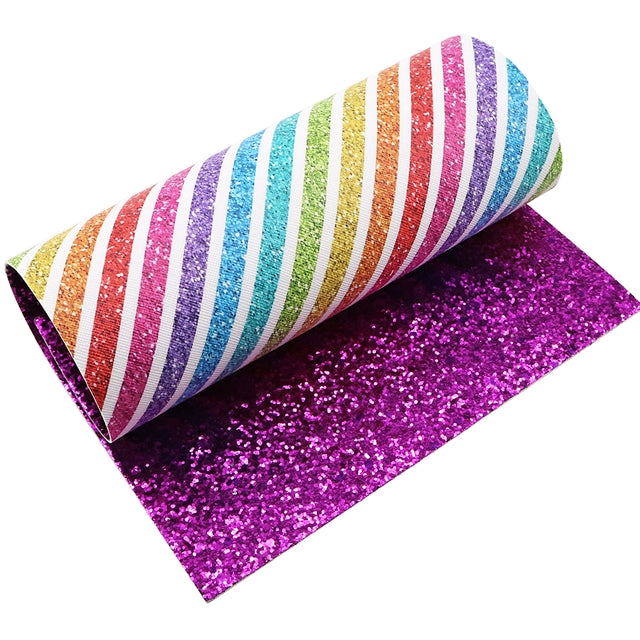 Rainbow Stripes with Magenta Glitter Double Sided Faux Leather Sheet