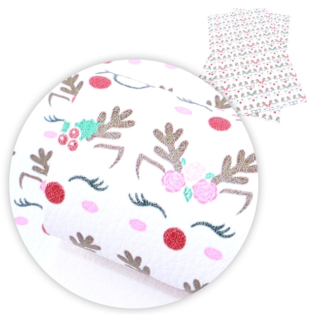 Christmas Reindeer Sweet on White Faux Leather Sheet