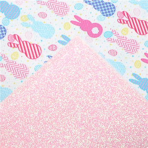 Easter Rabbit Pastel Pattern with Pastel Eggs with Pink Fine Glitter Double Sided Sheet Faux Leather Sheet