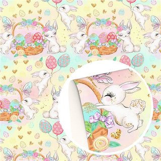 Easter Bunnies, Basket & Balloons on Lemon Faux Leather Sheet