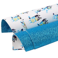 Dog on White with Blue Fine Glitter Double Sided Faux Leather Sheet
